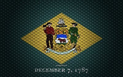 Flaggan i Delaware, 4k, Amerikanska staten, kreativ konst, metalln&#228;t konsistens, Delaware flagga, nationell symbol, Delaware, USA, flags of American states