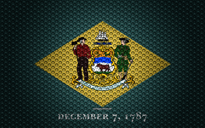 Flag of Delaware, 4k, American state, creative art, metal mesh texture, Delaware flag, national symbol, Delaware, USA, flags of American states