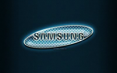 Samsung glass logo, blue background, artwork, Samsung, brands, Samsung rhombic logo, creative, Samsung logo