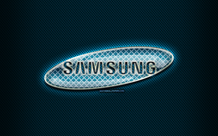 Samsung glass logo, blue background, artwork, Samsung, brands, Samsung rhombic logo, creative, Samsung logo