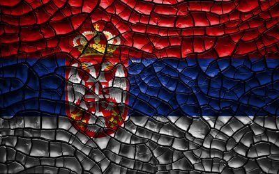 Drapeau de la Serbie, 4k, terre craquel&#233;e, l&#39;Europe, le drapeau serbe, art 3D, la Serbie, les pays Europ&#233;ens, les symboles nationaux, la Serbie 3D drapeau