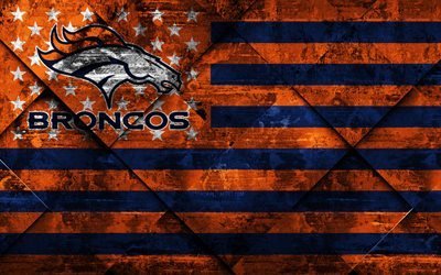 Denver Broncos, 4k, American football club, grunge art, grunge texture, American flag, NFL, Denver, Colorado, USA, National Football League, USA flag, American football