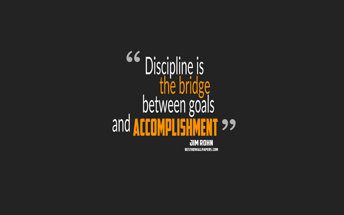 La Discipline est le pont entre les objectifs et les r&#233;alisations, les citations de Jim Rohn, le minimalisme, des citations sur les objectifs, la motivation, fond gris, populaire citations, citations sur la discipline