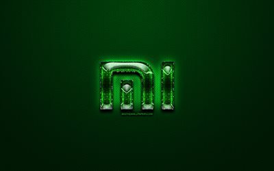 Xiaomi green logo, green vintage background, artwork, Xiaomi, brands, Xiaomi glass logo, creative, Xiaomi logo