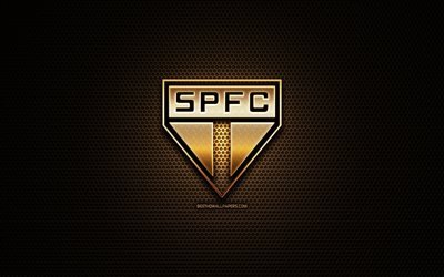 Sao Paulo FC, glitter logo, Seria A, brazilian football club, metal grid background, Sao Paulo glitter logo, football, soccer, SPFC, Brazil