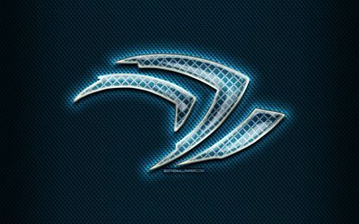 nvidia glas-logo, blauer hintergrund, grafik, nvidia -, marken -, nvidia-rhombus-logo, creative, nvidia-logo