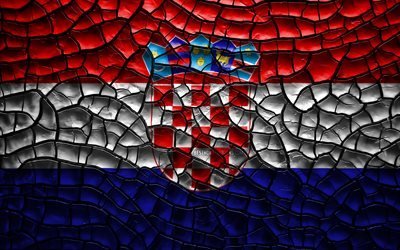 Bandiera della Croazia, 4k, incrinato suolo, Europa, croato, bandiera, 3D, arte, Croazia, paesi Europei, simboli nazionali, Croazia 3D bandiera