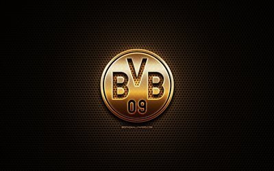 Borussia Dortmund FC, glitter logo, Bundesliga, german football club, metal grid background, Borussia Dortmund glitter logo, football, soccer, BVB, Germany