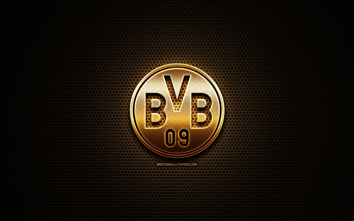 Il Borussia Dortmund FC, glitter, logo, Bundesliga, la squadra di calcio tedesca, metallo, griglia di sfondo, il Borussia Dortmund logo glitter, calcio, BVB, Germania