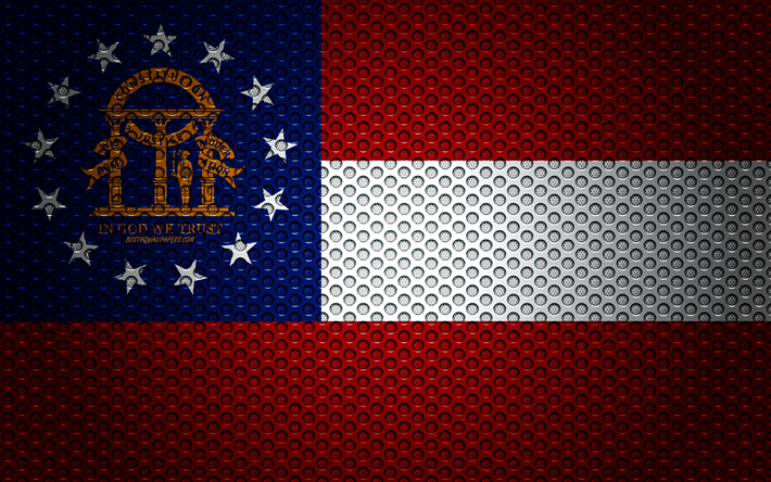 Amerika Devletleri Georgia bayrağı, 4k, Amerikan devleti, yaratıcı sanat, metal mesh dokusu, G&#252;rcistan bayrak, ulusal sembol, G&#252;rcistan, ABD, bayraklar