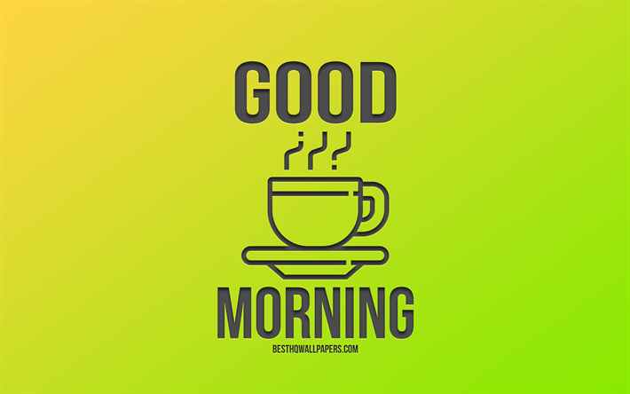 Good Morning, creative art, cup of coffee icon, green background, gradient, Good Morning concepts