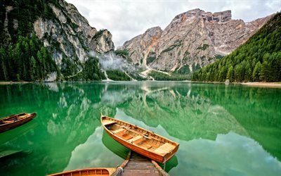 lago de montanha, barcos, glacier lake, Alemanha, Alpes, paisagem de montanha