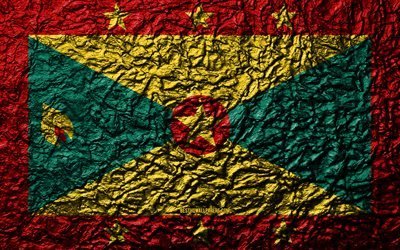 Flag of Grenada, 4k, stone texture, waves texture, Grenada flag, national symbol, Grenada, North America, stone background
