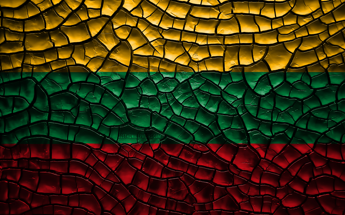 フラグのリトアニア, 4k, ひび割れの土, 欧州, リトアニアフラグ, 3Dアート, リトアニア, 欧州諸国, 国立記号, リトアニアの3Dフラグ