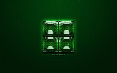Microsoft green logo, OS green vintage background, artwork, Microsoft, brands, Microsoft glass logo, creative, Microsoft new logo