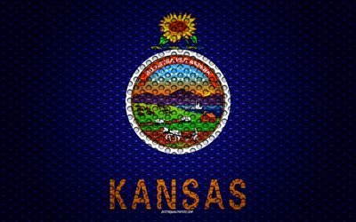 Flag of Kansas, 4k, American state, creative art, metal mesh texture, Kansas flag, national symbol, Kansas, USA, flags of American states