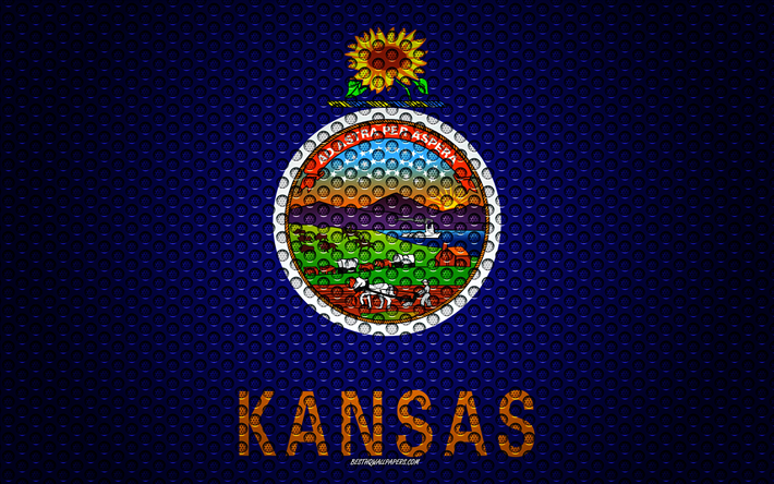 Flaggan i Kansas, 4k, Amerikanska staten, kreativ konst, metalln&#228;t konsistens, Kansas flagga, nationell symbol, Kansas, USA, flags of American states