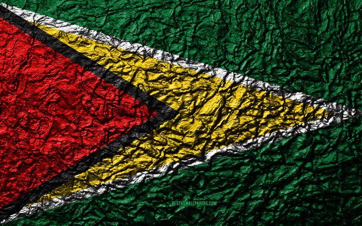 Flag of Guyana, 4k, stone texture, waves texture, Guyana flag, national symbol, Guyana, South America, stone background