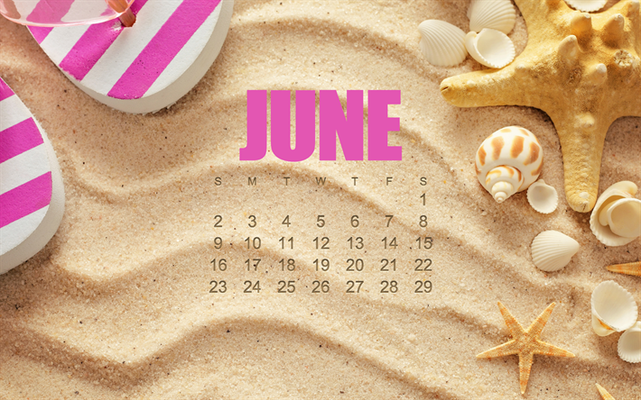 De junio de 2019 calendario, el verano, la playa, los viajes, la arena del fondo, de junio de 2019 calendarios, accesorios de playa