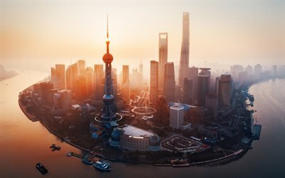 Oriental Pearl Tower, Shanghai, modern city, skyscrapers, morning, sunrise, China