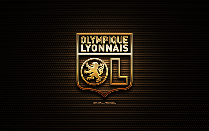 Olympique Lyonnais FC, glitter logo, Ligue 1, french football club, metal grid background, Olympique Lyonnais glitter logo, football, soccer, Lyon FC, France