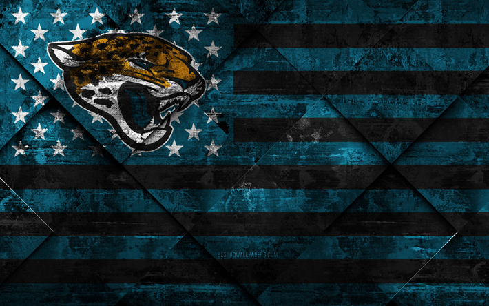 Jacksonville Jaguars, 4k, American football club, grunge art, grunge tekstuuri, Amerikan lippu, NFL, Jacksonville, Florida, USA, National Football League, USA lippu, Amerikkalainen jalkapallo