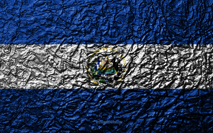 Flaggan i El Salvador, 4k, sten struktur, v&#229;gor konsistens, El Salvador flagga, nationell symbol, El Salvador, Sydamerika, sten bakgrund