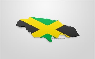 3d flag of Jamaica, silhouette map of Jamaica, 3d art, Jamaican flag, North America, Jamaica, geography, Jamaica 3d silhouette