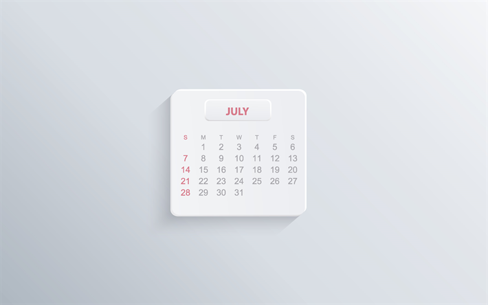 2019 July Calendar, minimalism, gray background, creative art, 2019 calendars, July