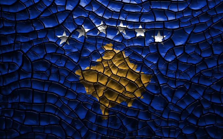 Bandiera del Kosovo, 4k, incrinato suolo, Europa, Kosovari, bandiera, 3D, arte, Kosovo, paesi Europei, simboli nazionali, il Kosovo 3D bandiera