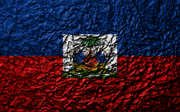 Flag of Haiti, 4k, stone texture, waves texture, Haiti flag, national symbol, Haiti, North America, stone background