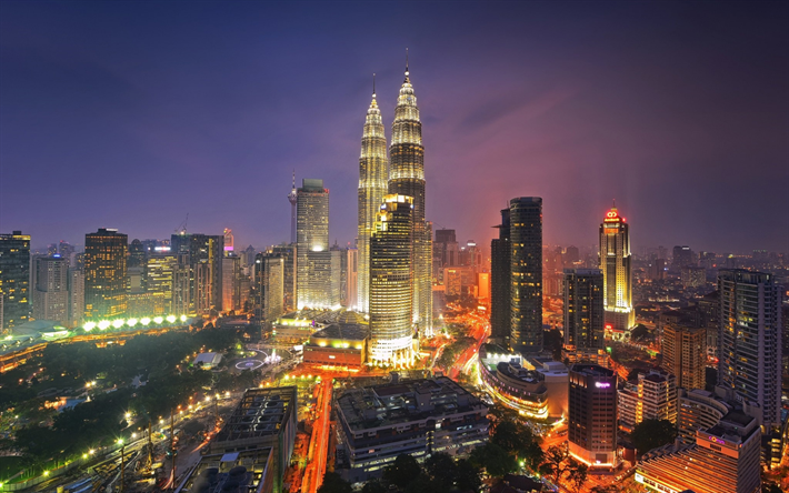 kuala lumpur, petronas-t&#252;rme, abend, sonnenuntergang, wolkenkratzer, moderne stadt, malaysia