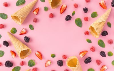 frame with ice cream, pink background, berries ice cream, sweets, berries, food frame