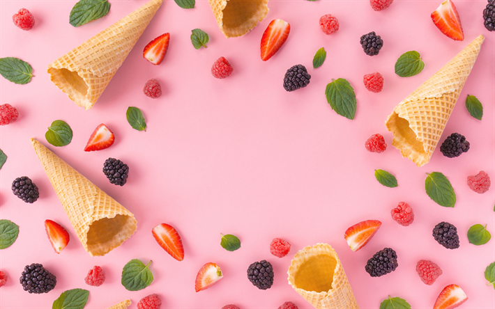 quadro com sorvete, fundo rosa, bagas de sorvete, doces, bagas, comida quadro