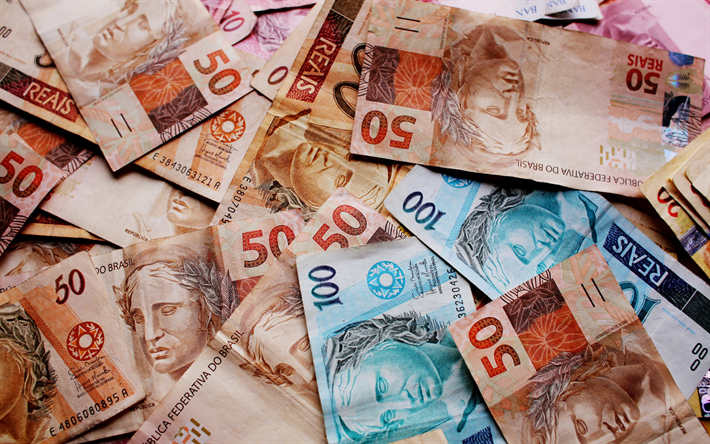Brazilian real, money background, Brazilian currency, finance concepts, money, Brazil, money texture