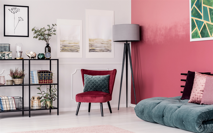 elegante soggiorno, pareti rosse, interni dal design moderno, vivente, stanza, stile classico