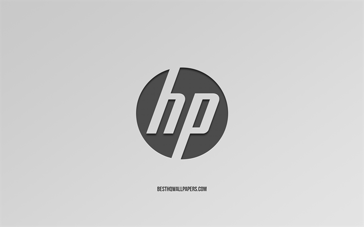 HP logo, gray background, brands, Hewlett-Packard, stylish art, emblem