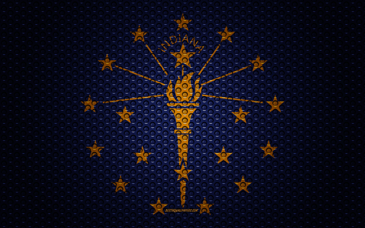 Bandiera Indiana, 4k, di stato Americano, arte creativa, metallo, maglia di trama, Indiana, bandiera, nazionale, simbolo, USA, bandiere degli stati Americani