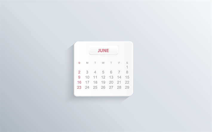 2019 junio de Calendario, el minimalismo, fondo gris, 2019 calendario, papel de arte, nota, junio de
