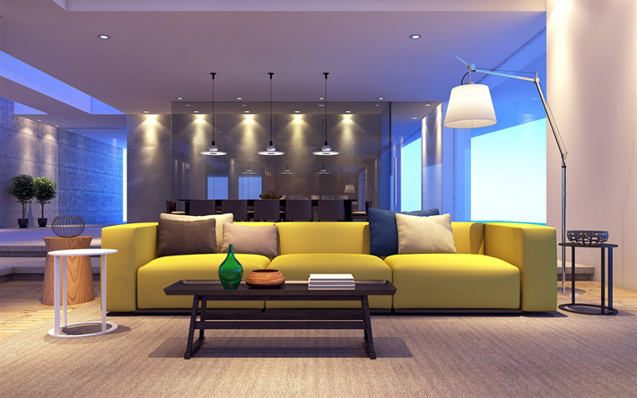 living room, stylish interior design, large yellow sofa, modern interior design, project
