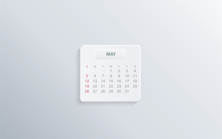 2019 Mai Calendrier, fond gris, le minimalisme, note, 2019 calendriers, Mai, printemps, fond de papier blanc
