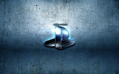 PlayStation logotipo de metal, de metal de color azul de fondo, obras de arte, PlayStation, marcas, PlayStation 3D logotipo, creativo, Sony PlayStationlogo