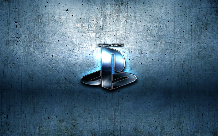 PlayStation metalli-logo, sininen metalli tausta, kuvitus, PlayStation, merkkej&#228;, PlayStation 3D-logo, luova, Sony PlayStationlogo