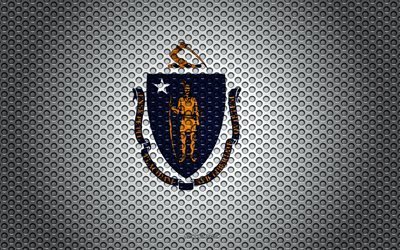 العلم ماساتشوستس, 4k, الخارجية الأمريكية, الفنون الإبداعية, شبكة معدنية الملمس, ماساتشوستس العلم, الرمز الوطني, ماساتشوستس, الولايات المتحدة الأمريكية, أعلام الدول الأمريكية