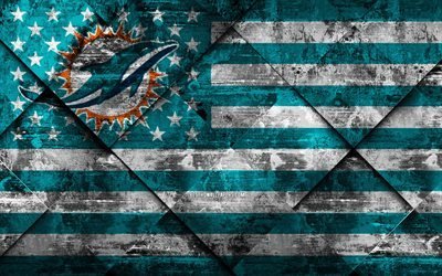 Miami Dolphins, 4k, American football club, grunge art, grunge texture, American flag, NFL, Miami, Florida, USA, National Football League, USA flag, American football