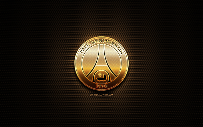 PSG FC, glitter logo, 1 İzle, Fransız Futbol Kul&#252;b&#252;, metal ızgara arka plan, glitter PSG logo, futbol, Paris Saint-Germain, Fransa