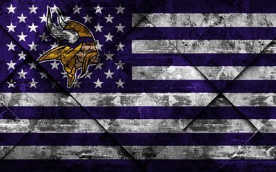 Minnesota Vikings, 4k, American football club, grunge art, grunge texture, American flag, NFL, Minneapolis, Minnesota, USA, National Football League, USA flag, American football