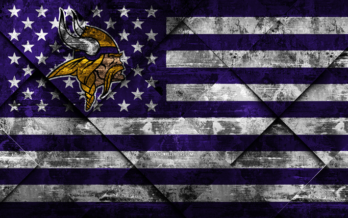 Minnesota Vikings, 4k, American football club, grunge art, grunge tekstuuri, Amerikan lippu, NFL, Minneapolis, Minnesota, USA, National Football League, USA lippu, Amerikkalainen jalkapallo