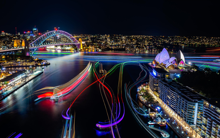 Il Porto di Sydney, paesaggi notturni, Sydney Opera, paesaggi urbani, Australia