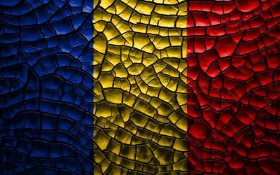 Bandiera della Romania, 4k, incrinato suolo, Europa, bandiera rumena, 3D arte, Romania, paesi Europei, simboli nazionali, Romania 3D bandiera